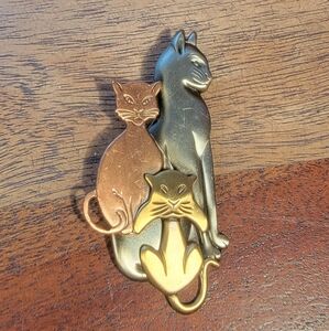K&T Mixed Metal 3 Cat Brooch, Bronze, Copper And Silvertones